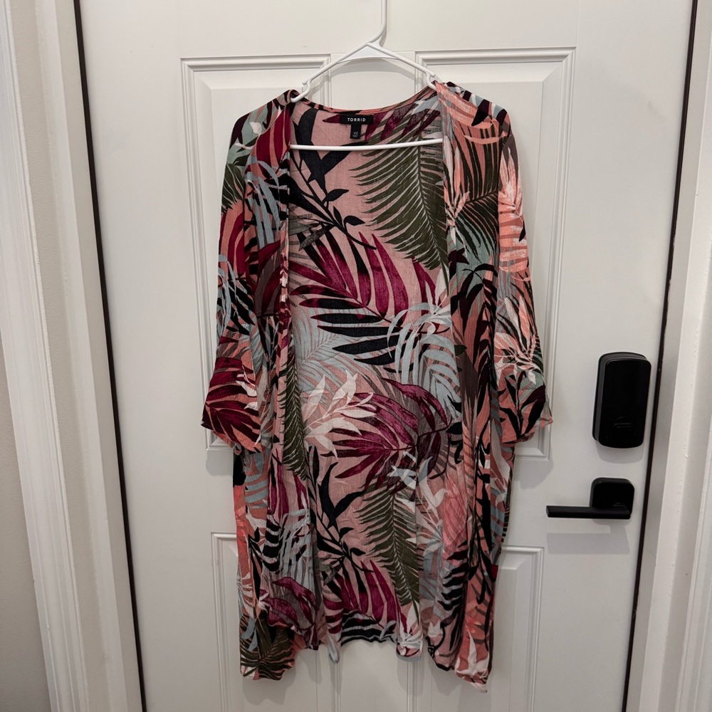 Torrid Pink and Green Leaf Print Kimono